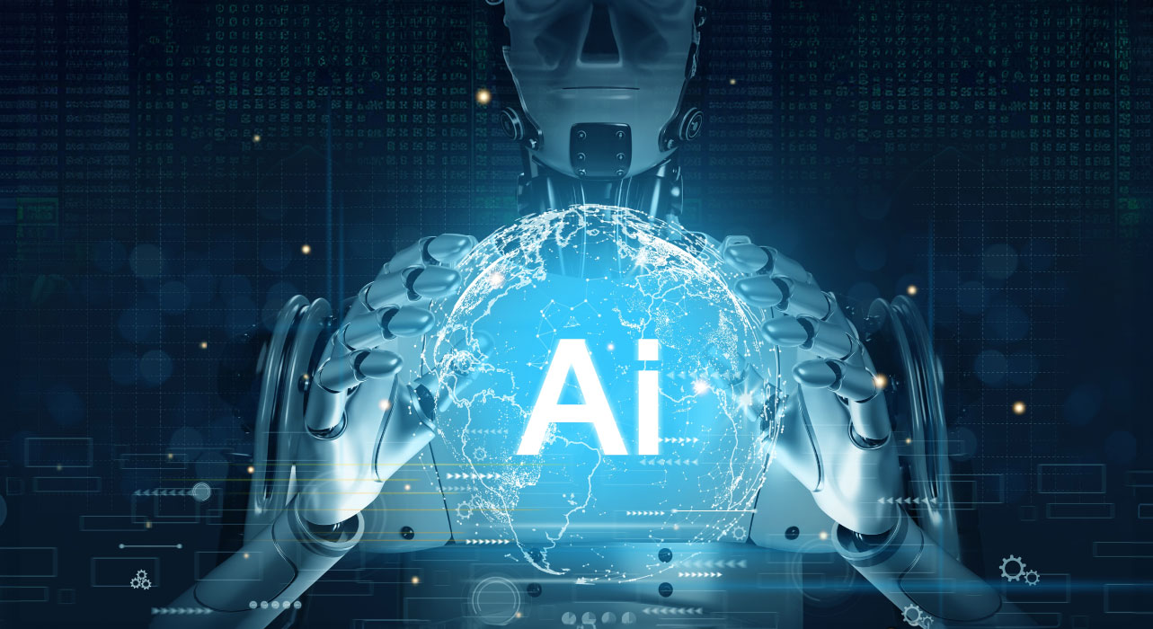Robô com um globo digital azul brilhante com a inscrição "IA"