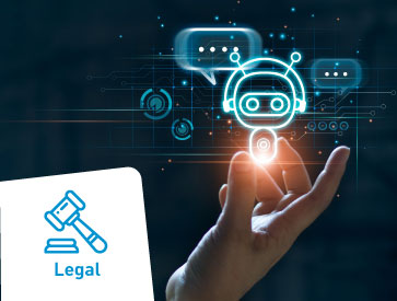 Uma mão interage com um ícone brilhante de um chatbot, simbolizando a comunicação por IA