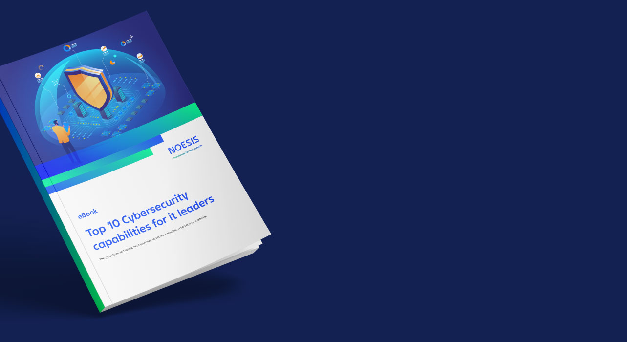 Capa de e-book intitulada "As 10 principais capacidades de cibersegurança para líderes de TI", com um ícone de um escudo digital. Fundo azul escuro.