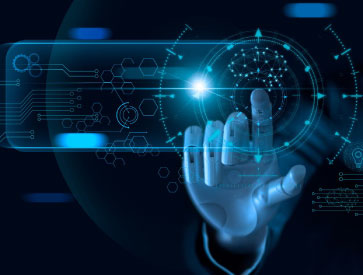 Ilustração tecnológica com interface digital e figura humana integrada em elementos de dados e circuitos