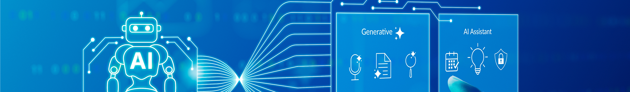 Ilustração de inteligência artificial com robô e fluxos digitais ligados a aplicações