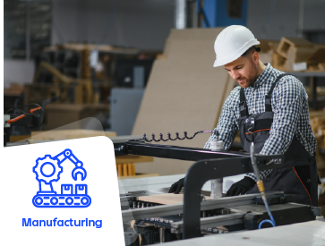 Cardsite de caso de uso na indústria transformadora com operador a trabalhar numa linha de produção automatizada e ícone de Manufacturing em destaque